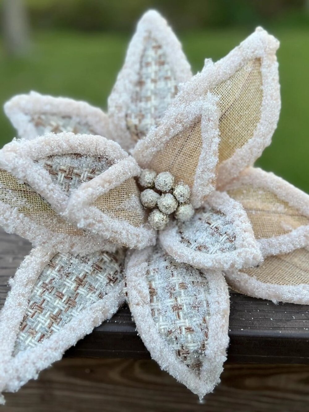 24" Woven Tweed Burlap Poinsettia Stem Pick Rustic Elegance Holiday Decor